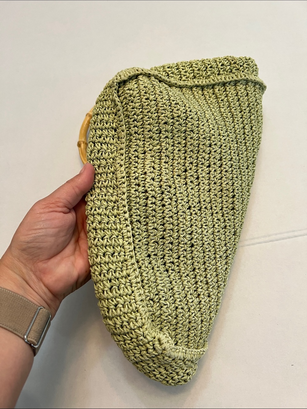 SCALA GAL Y2K GREEN WOVEN TWINE WITH FLOWERS WITH BAMBOO HANDLES BAG PURSE - Picture 4 of 12